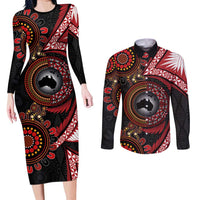 Tonga and Australia Together Couples Matching Long Sleeve Bodycon Dress and Long Sleeve Button Shirt Ngatu Art Tribal Aboriginal Tattoo Pattern LT03 Black - Polynesian Pride