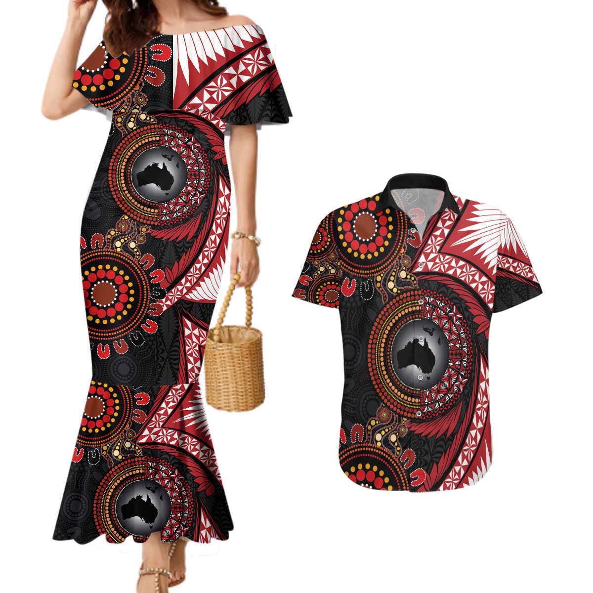Tonga and Australia Together Couples Matching Mermaid Dress and Hawaiian Shirt Ngatu Art Tribal Aboriginal Tattoo Pattern LT03 Black - Polynesian Pride