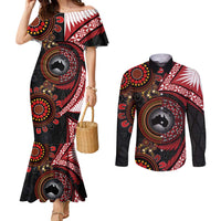Tonga and Australia Together Couples Matching Mermaid Dress and Long Sleeve Button Shirt Ngatu Art Tribal Aboriginal Tattoo Pattern LT03 Black - Polynesian Pride