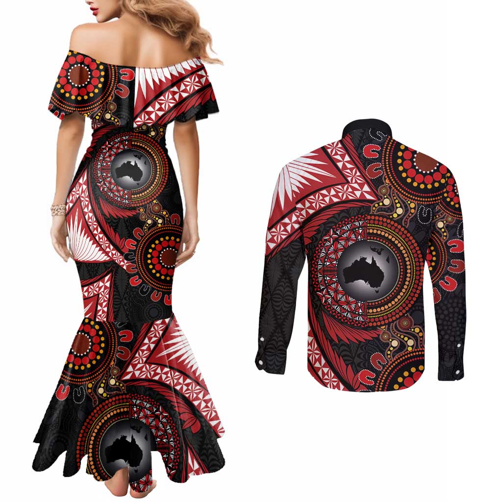 Tonga and Australia Together Couples Matching Mermaid Dress and Long Sleeve Button Shirt Ngatu Art Tribal Aboriginal Tattoo Pattern LT03 - Polynesian Pride