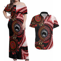 Tonga and Australia Together Couples Matching Off Shoulder Maxi Dress and Hawaiian Shirt Ngatu Art Tribal Aboriginal Tattoo Pattern LT03 Black - Polynesian Pride