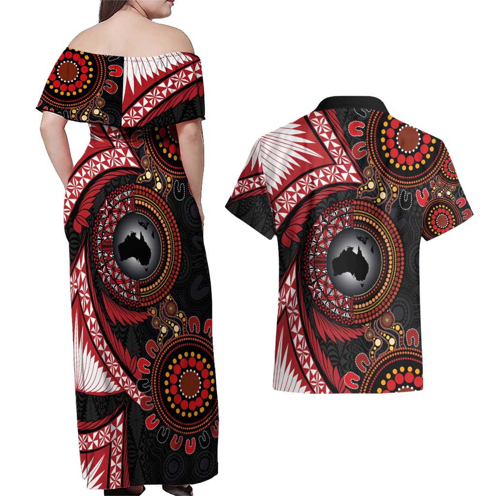 Tonga and Australia Together Couples Matching Off Shoulder Maxi Dress and Hawaiian Shirt Ngatu Art Tribal Aboriginal Tattoo Pattern LT03 - Polynesian Pride