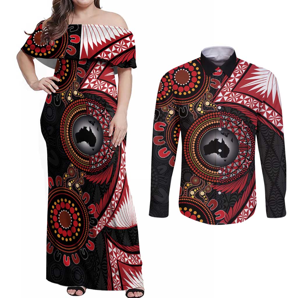 Tonga and Australia Together Couples Matching Off Shoulder Maxi Dress and Long Sleeve Button Shirt Ngatu Art Tribal Aboriginal Tattoo Pattern LT03 Black - Polynesian Pride