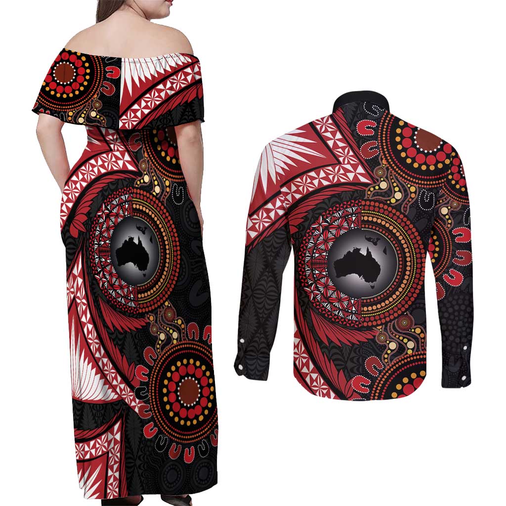 Tonga and Australia Together Couples Matching Off Shoulder Maxi Dress and Long Sleeve Button Shirt Ngatu Art Tribal Aboriginal Tattoo Pattern LT03 - Polynesian Pride