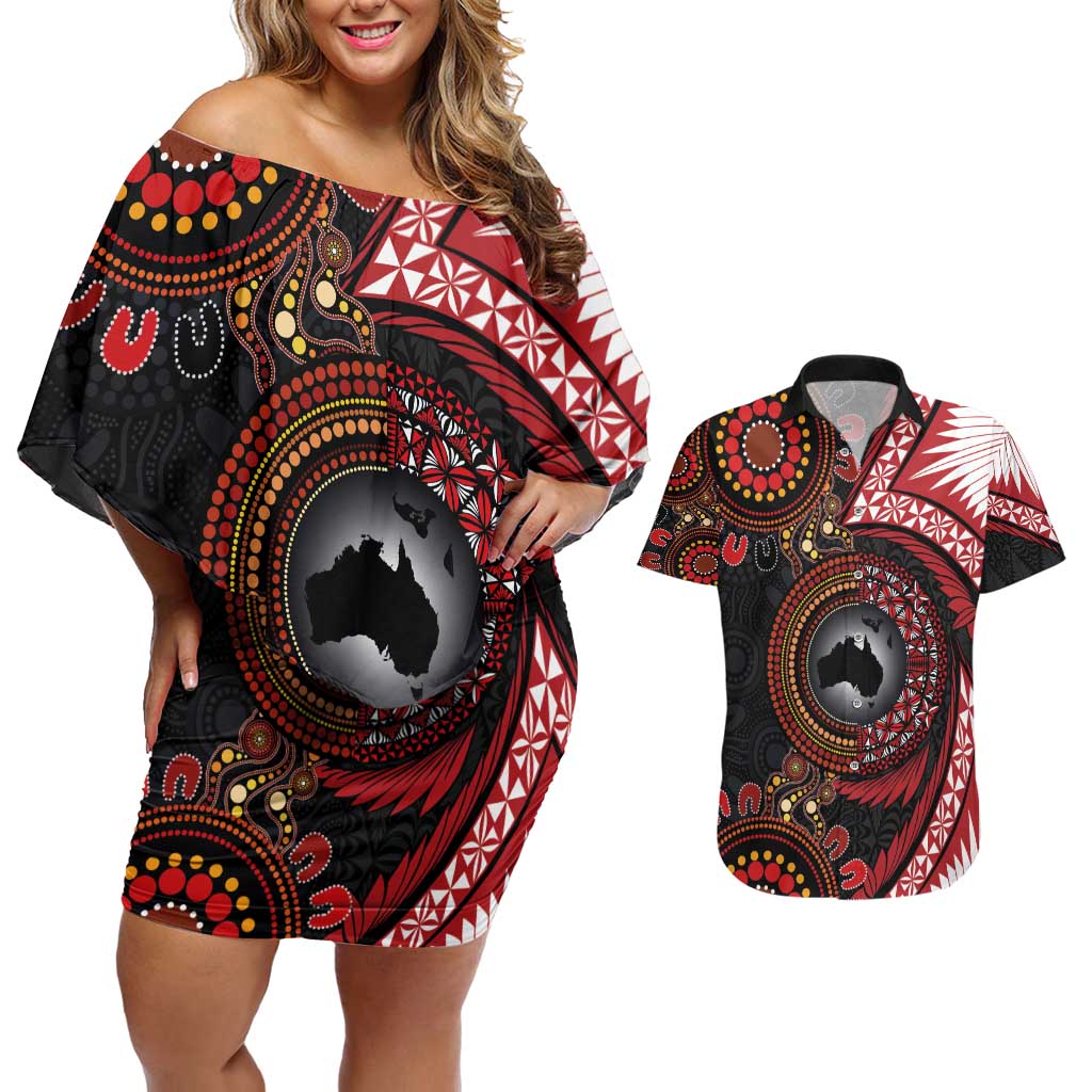 Tonga and Australia Together Couples Matching Off Shoulder Short Dress and Hawaiian Shirt Ngatu Art Tribal Aboriginal Tattoo Pattern LT03 Black - Polynesian Pride