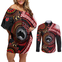 Tonga and Australia Together Couples Matching Off Shoulder Short Dress and Long Sleeve Button Shirt Ngatu Art Tribal Aboriginal Tattoo Pattern LT03 Black - Polynesian Pride