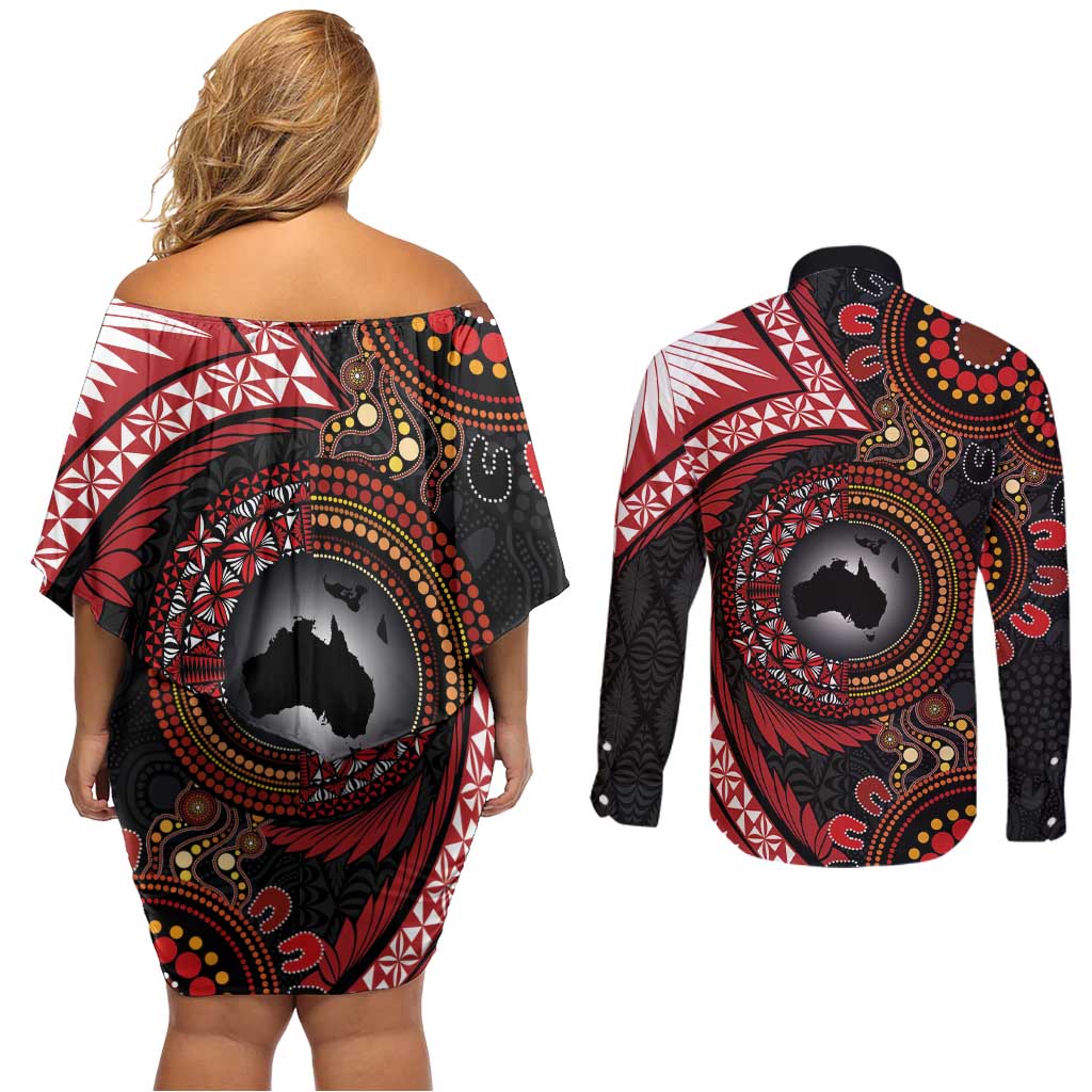 Tonga and Australia Together Couples Matching Off Shoulder Short Dress and Long Sleeve Button Shirt Ngatu Art Tribal Aboriginal Tattoo Pattern LT03 - Polynesian Pride
