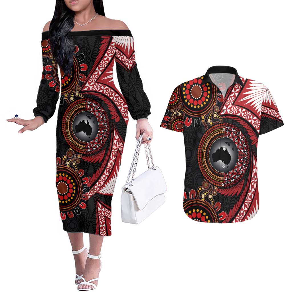 Tonga and Australia Together Couples Matching Off The Shoulder Long Sleeve Dress and Hawaiian Shirt Ngatu Art Tribal Aboriginal Tattoo Pattern LT03 Black - Polynesian Pride