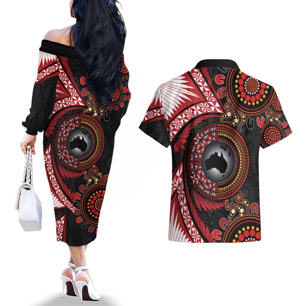 Tonga and Australia Together Couples Matching Off The Shoulder Long Sleeve Dress and Hawaiian Shirt Ngatu Art Tribal Aboriginal Tattoo Pattern LT03 - Polynesian Pride