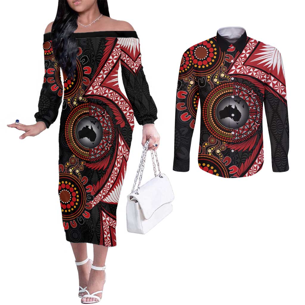 Tonga and Australia Together Couples Matching Off The Shoulder Long Sleeve Dress and Long Sleeve Button Shirt Ngatu Art Tribal Aboriginal Tattoo Pattern LT03 Black - Polynesian Pride