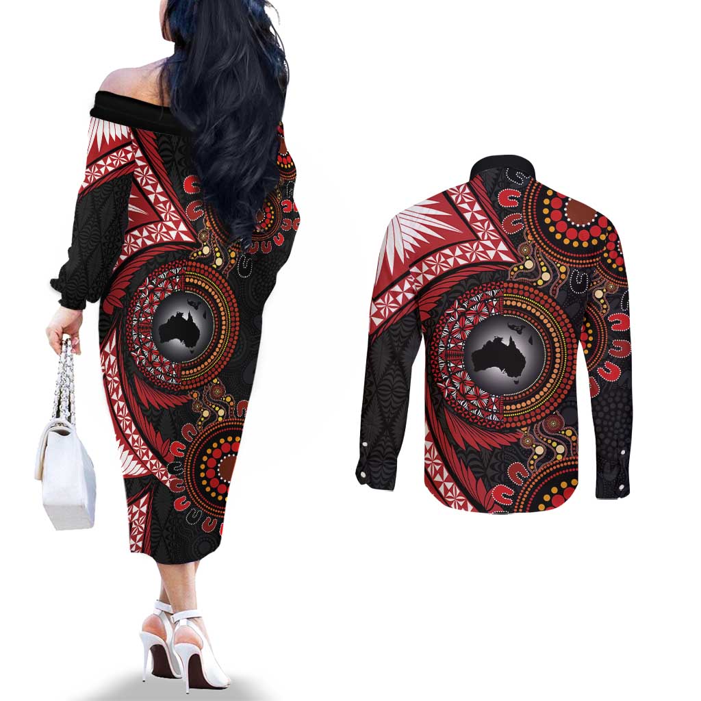 Tonga and Australia Together Couples Matching Off The Shoulder Long Sleeve Dress and Long Sleeve Button Shirt Ngatu Art Tribal Aboriginal Tattoo Pattern LT03 - Polynesian Pride