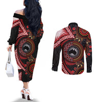 Tonga and Australia Together Couples Matching Off The Shoulder Long Sleeve Dress and Long Sleeve Button Shirt Ngatu Art Tribal Aboriginal Tattoo Pattern LT03 - Polynesian Pride