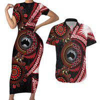 Tonga and Australia Together Couples Matching Short Sleeve Bodycon Dress and Hawaiian Shirt Ngatu Art Tribal Aboriginal Tattoo Pattern LT03 Black - Polynesian Pride
