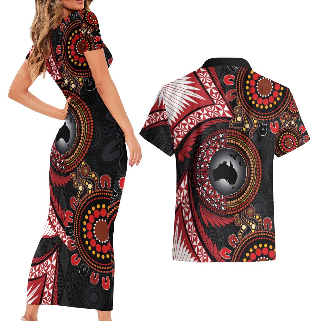 Tonga and Australia Together Couples Matching Short Sleeve Bodycon Dress and Hawaiian Shirt Ngatu Art Tribal Aboriginal Tattoo Pattern LT03 - Polynesian Pride