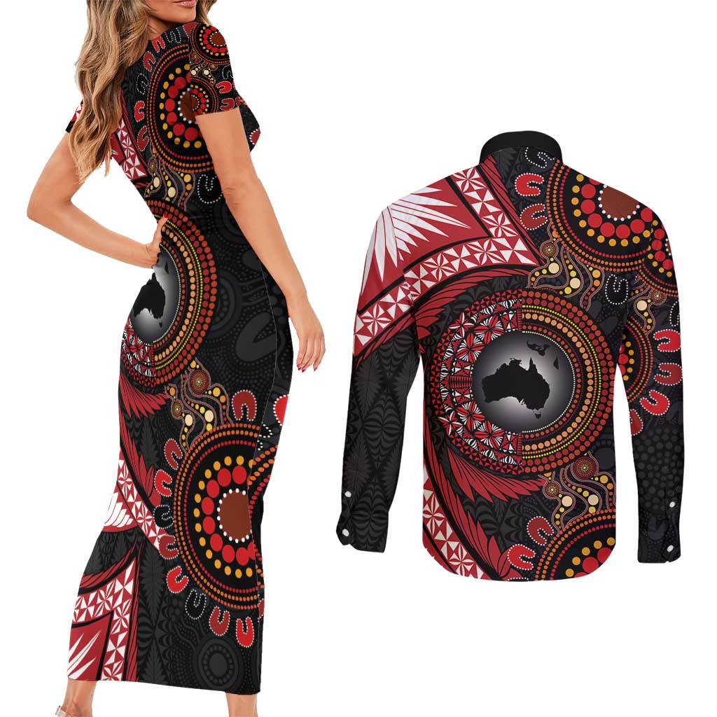 Tonga and Australia Together Couples Matching Short Sleeve Bodycon Dress and Long Sleeve Button Shirt Ngatu Art Tribal Aboriginal Tattoo Pattern LT03 - Polynesian Pride