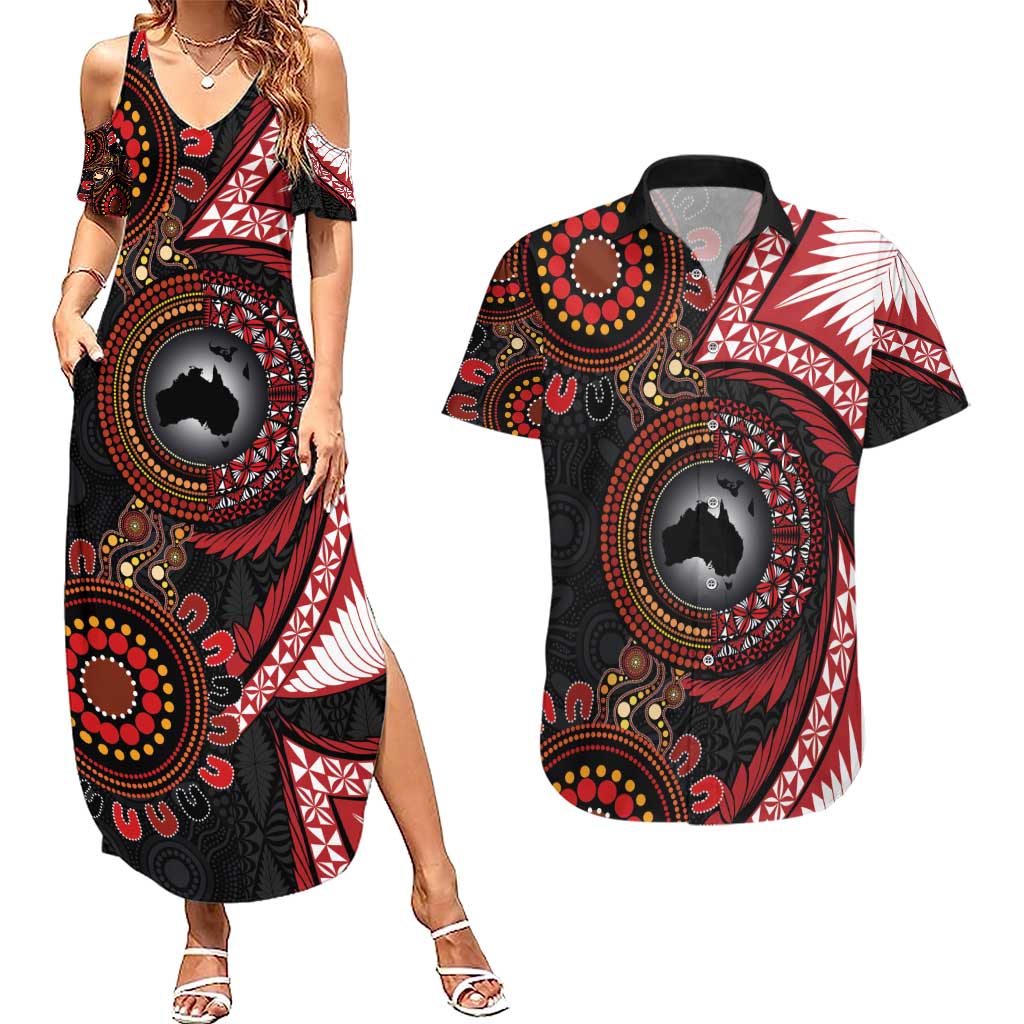 Tonga and Australia Together Couples Matching Summer Maxi Dress and Hawaiian Shirt Ngatu Art Tribal Aboriginal Tattoo Pattern LT03 Black - Polynesian Pride