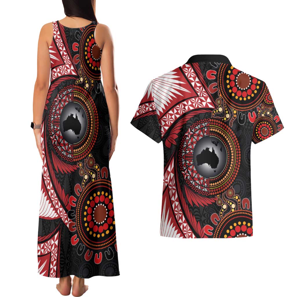 Tonga and Australia Together Couples Matching Tank Maxi Dress and Hawaiian Shirt Ngatu Art Tribal Aboriginal Tattoo Pattern LT03 - Polynesian Pride
