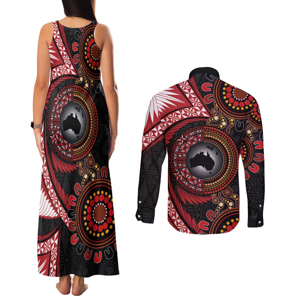 Tonga and Australia Together Couples Matching Tank Maxi Dress and Long Sleeve Button Shirt Ngatu Art Tribal Aboriginal Tattoo Pattern LT03 - Polynesian Pride