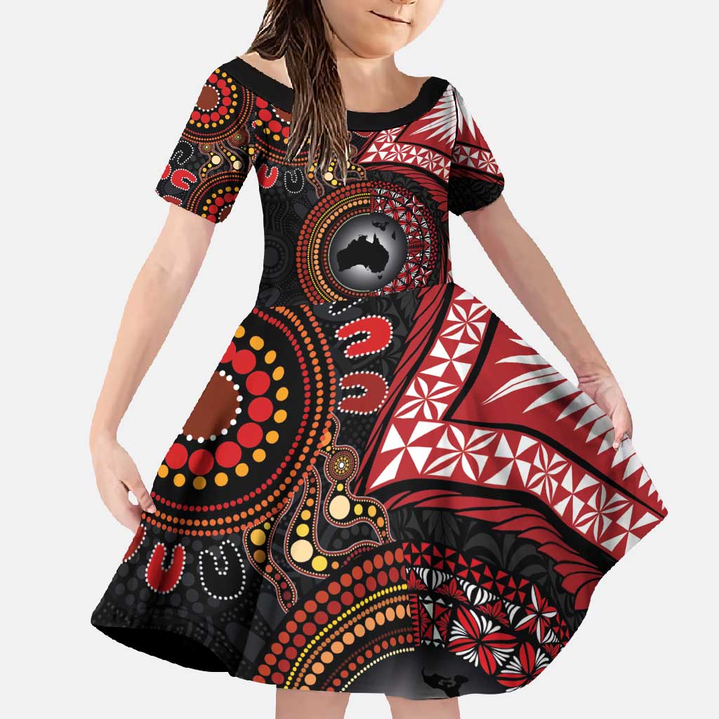 Tonga and Australia Together Family Matching Long Sleeve Bodycon Dress and Hawaiian Shirt Ngatu Art Tribal Aboriginal Tattoo Pattern LT03 Daughter's Dress Black - Polynesian Pride
