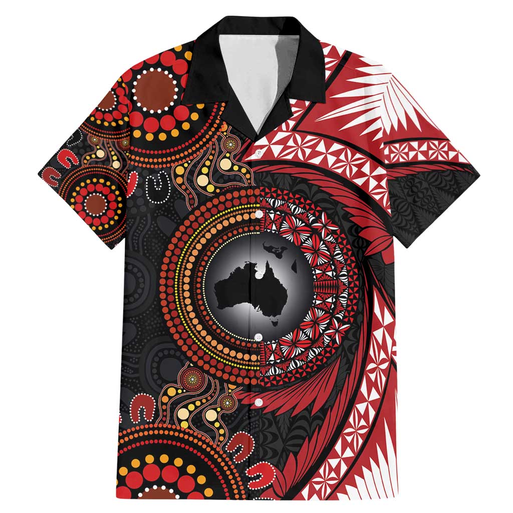 Tonga and Australia Together Family Matching Mermaid Dress and Hawaiian Shirt Ngatu Art Tribal Aboriginal Tattoo Pattern LT03 Dad's Shirt - Short Sleeve Black - Polynesian Pride