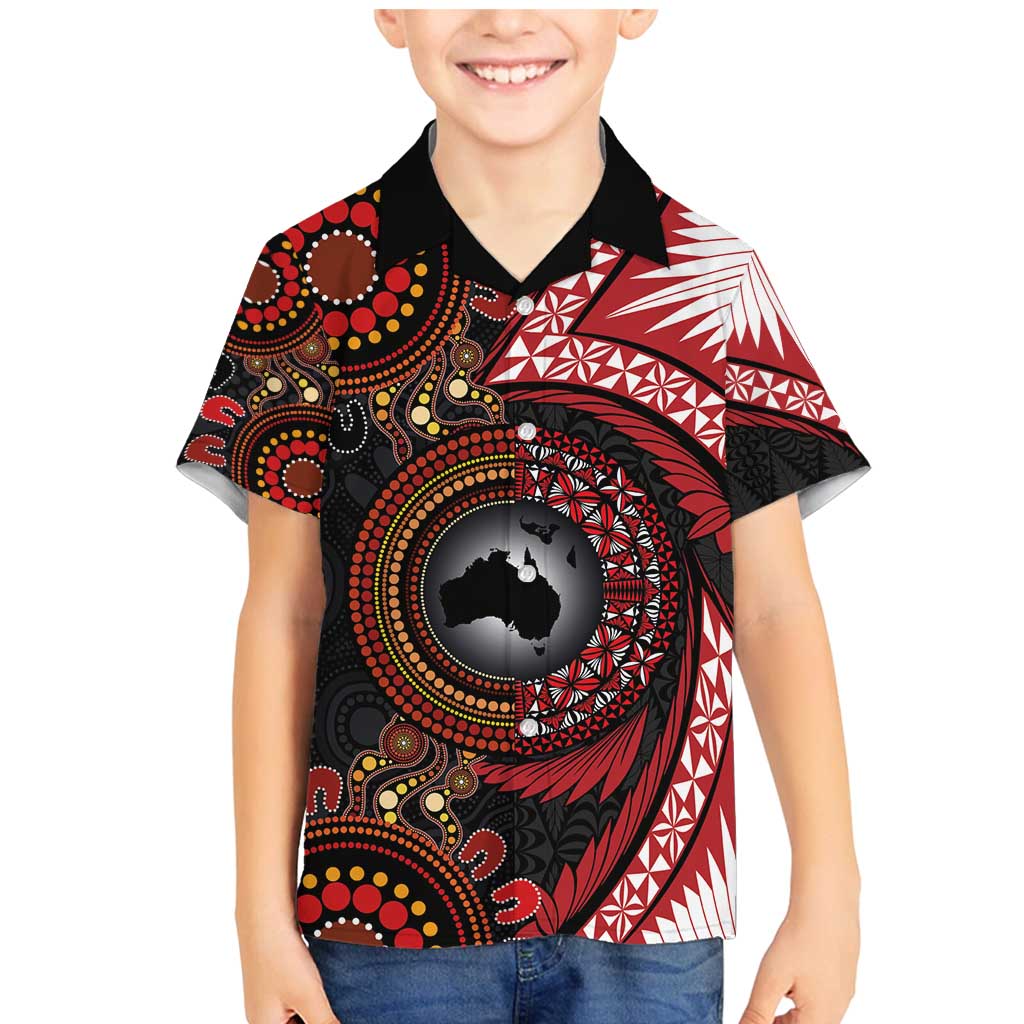 Tonga and Australia Together Family Matching Mermaid Dress and Hawaiian Shirt Ngatu Art Tribal Aboriginal Tattoo Pattern LT03 Son's Shirt Black - Polynesian Pride