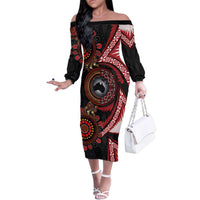 Tonga and Australia Together Family Matching Off The Shoulder Long Sleeve Dress and Hawaiian Shirt Ngatu Art Tribal Aboriginal Tattoo Pattern LT03 Mom's Dress Black - Polynesian Pride