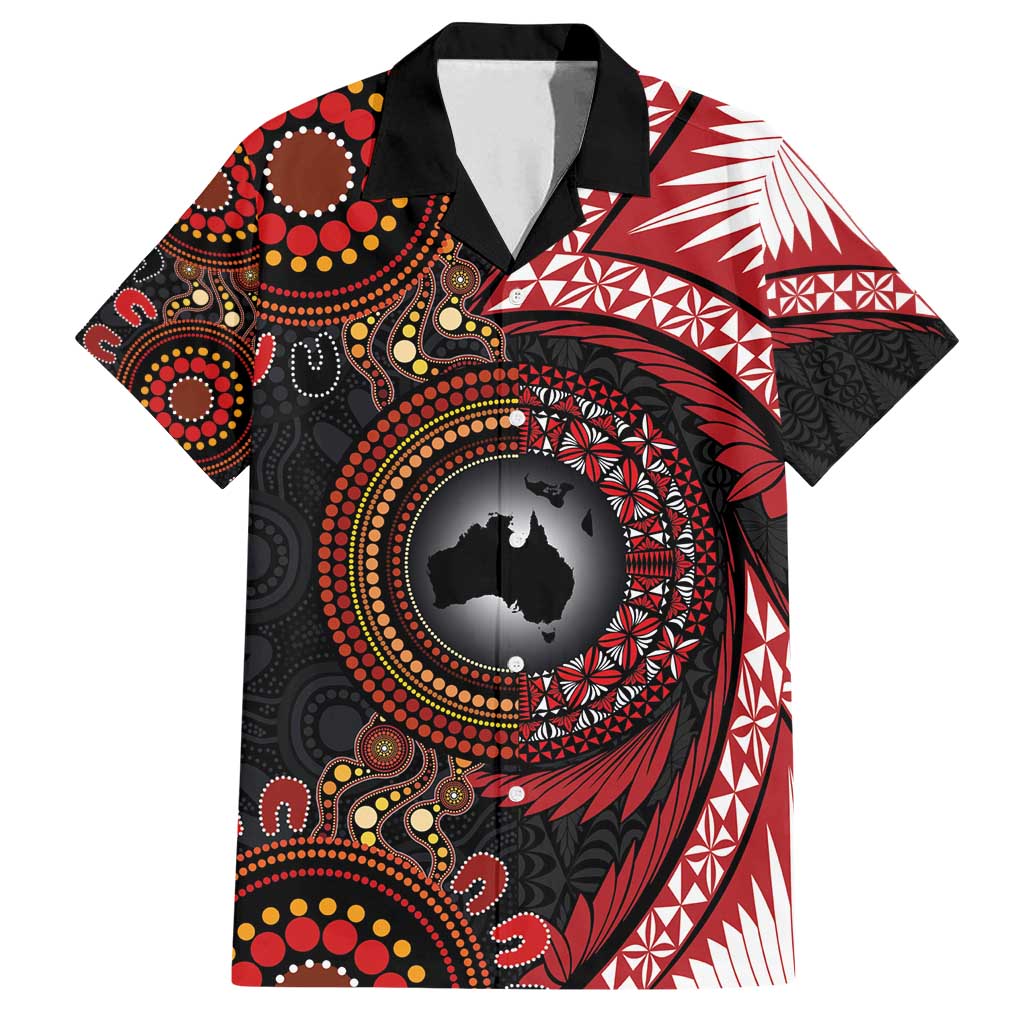 Tonga and Australia Together Family Matching Off Shoulder Short Dress and Hawaiian Shirt Ngatu Art Tribal Aboriginal Tattoo Pattern LT03 Dad's Shirt - Short Sleeve Black - Polynesian Pride