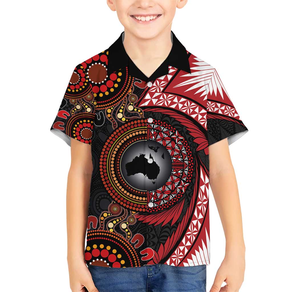 Tonga and Australia Together Family Matching Off Shoulder Short Dress and Hawaiian Shirt Ngatu Art Tribal Aboriginal Tattoo Pattern LT03 Son's Shirt Black - Polynesian Pride