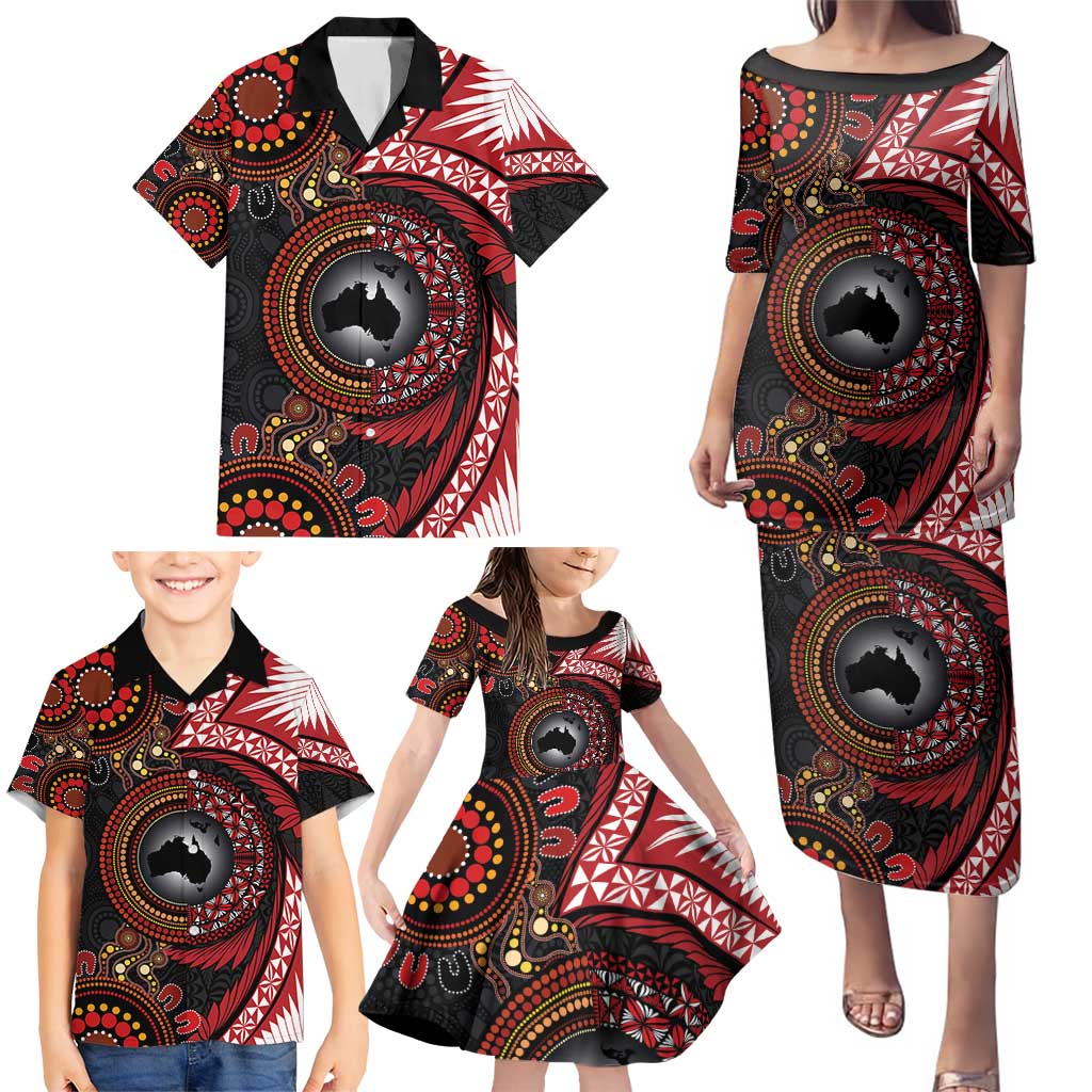 Tonga and Australia Together Family Matching Puletasi and Hawaiian Shirt Ngatu Art Tribal Aboriginal Tattoo Pattern LT03 - Polynesian Pride