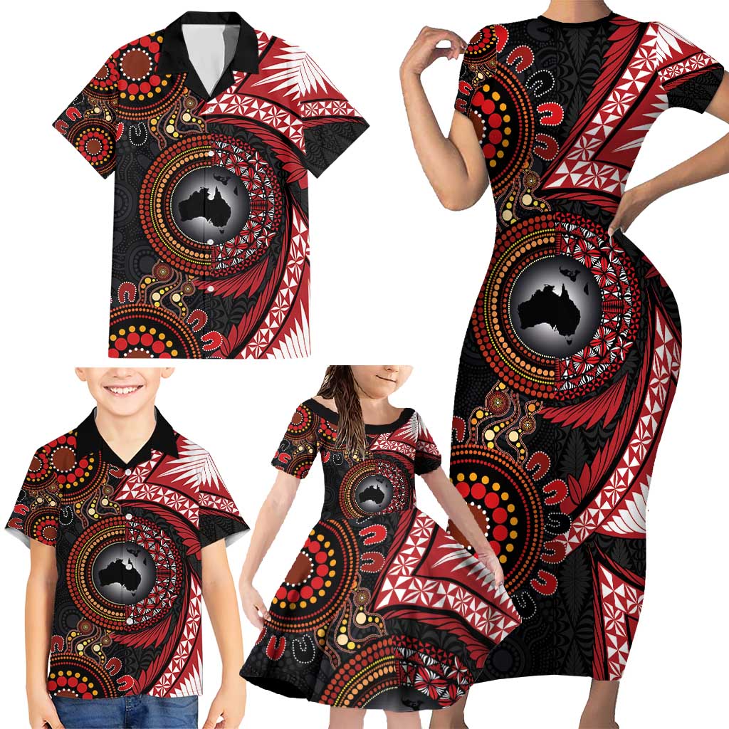 Tonga and Australia Together Family Matching Short Sleeve Bodycon Dress and Hawaiian Shirt Ngatu Art Tribal Aboriginal Tattoo Pattern LT03 - Polynesian Pride