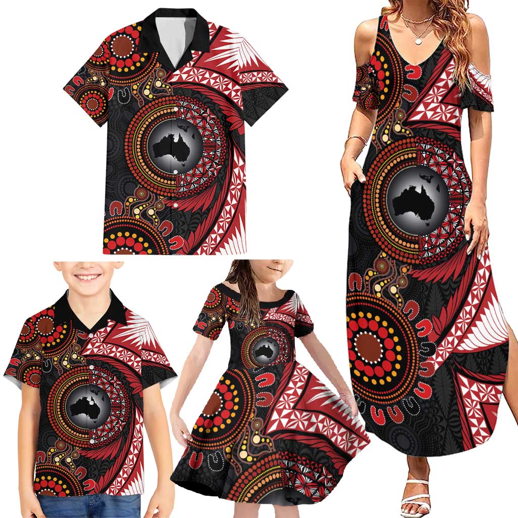 Tonga and Australia Together Family Matching Summer Maxi Dress and Hawaiian Shirt Ngatu Art Tribal Aboriginal Tattoo Pattern LT03 - Polynesian Pride