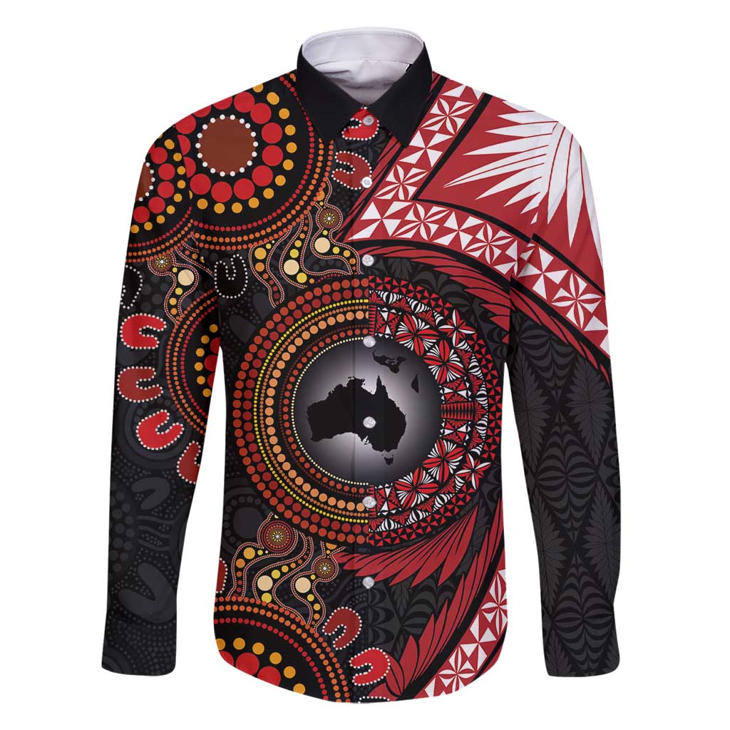 Tonga and Australia Together Family Matching Summer Maxi Dress and Hawaiian Shirt Ngatu Art Tribal Aboriginal Tattoo Pattern LT03 Dad's Shirt - Long Sleeve Black - Polynesian Pride