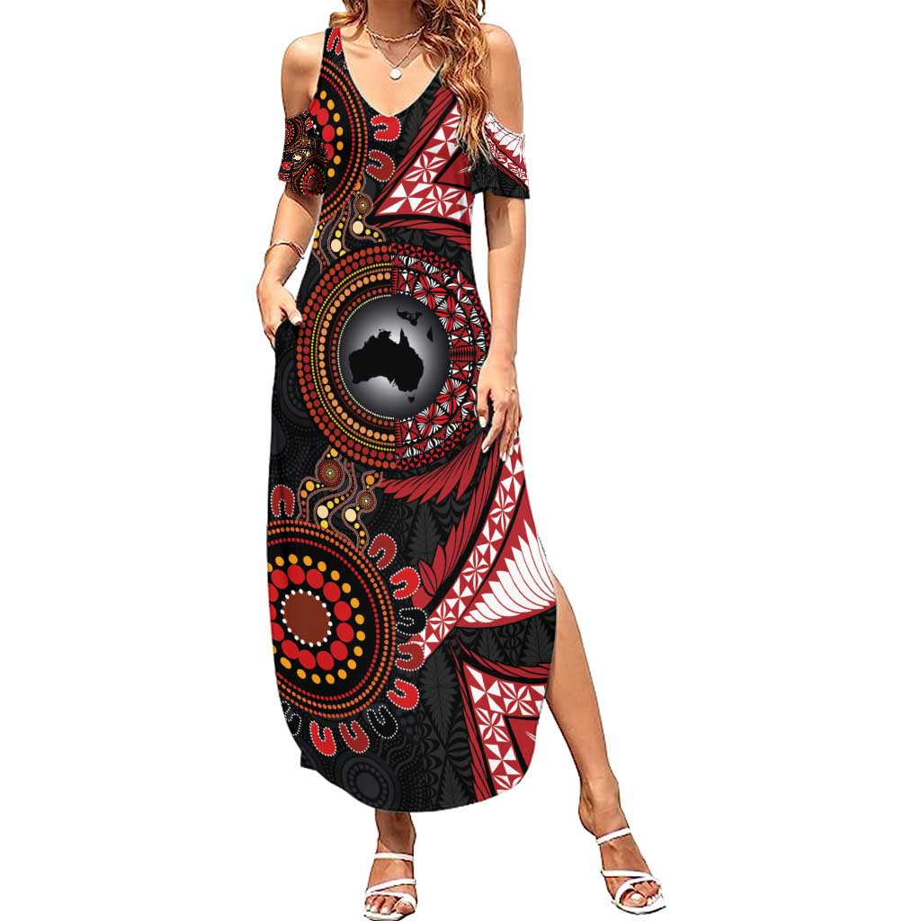 Tonga and Australia Together Family Matching Summer Maxi Dress and Hawaiian Shirt Ngatu Art Tribal Aboriginal Tattoo Pattern LT03 Mom's Dress Black - Polynesian Pride