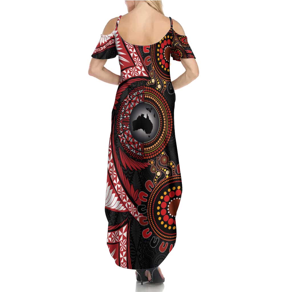 Tonga and Australia Together Family Matching Summer Maxi Dress and Hawaiian Shirt Ngatu Art Tribal Aboriginal Tattoo Pattern LT03 - Polynesian Pride