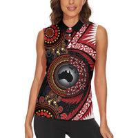 Tonga and Australia Together Women Sleeveless Polo Shirt Ngatu Art Tribal Aboriginal Tattoo Pattern LT03 - Polynesian Pride