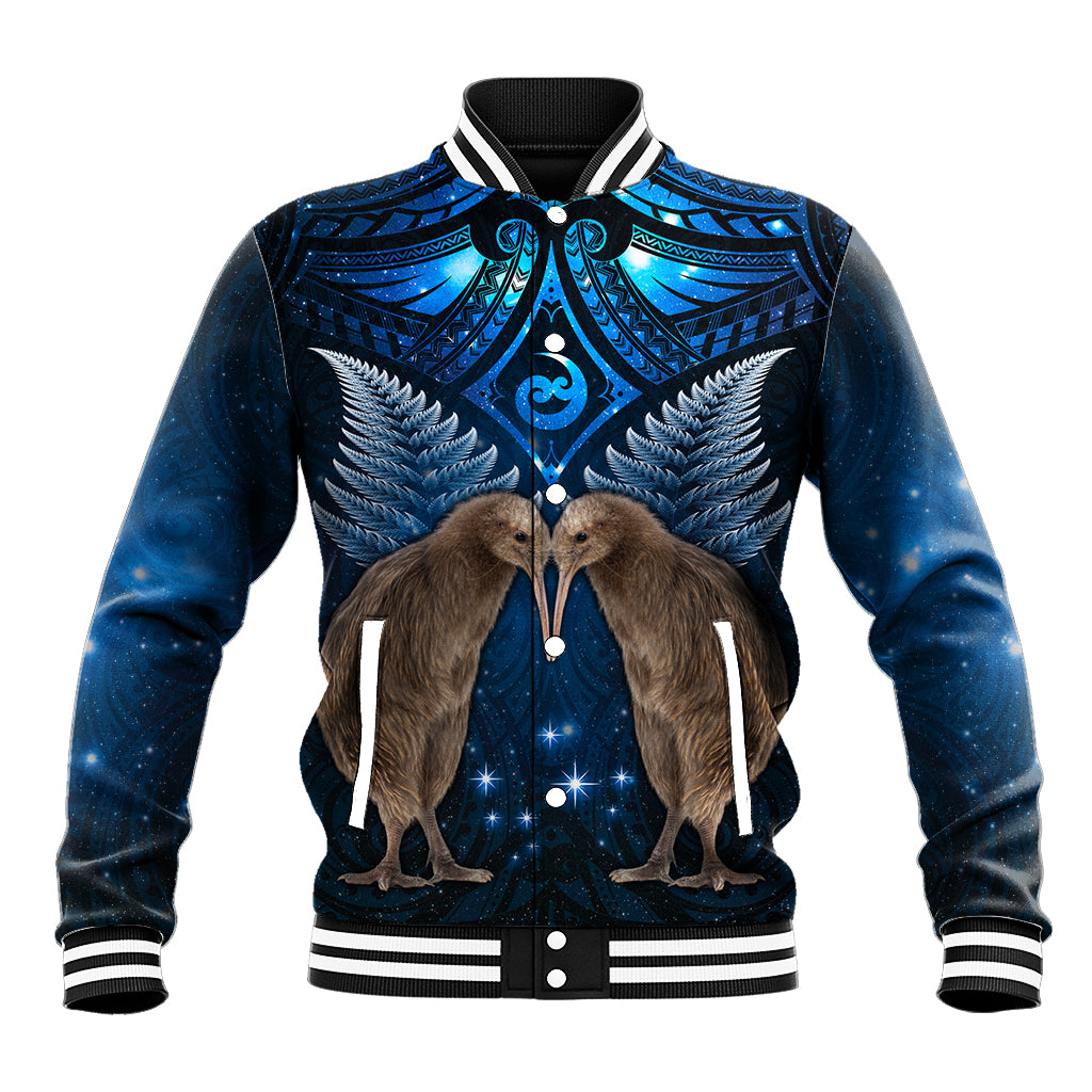 New Zealand Maori Matariki Baseball Jacket Hongi Kiwi Bird and Silver Fern LT03 Unisex Blue - Polynesian Pride