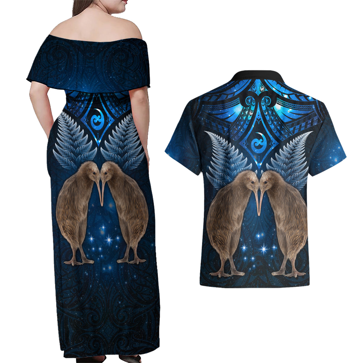 New Zealand Maori Matariki Couples Matching Off Shoulder Maxi Dress and Hawaiian Shirt Hongi Kiwi Bird and Silver Fern LT03 - Polynesian Pride