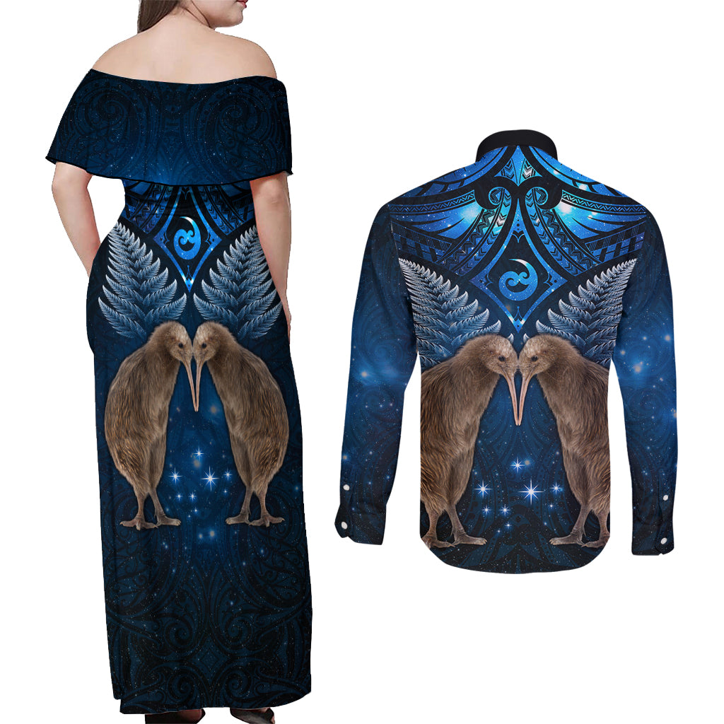 New Zealand Maori Matariki Couples Matching Off Shoulder Maxi Dress and Long Sleeve Button Shirt Hongi Kiwi Bird and Silver Fern LT03 - Polynesian Pride