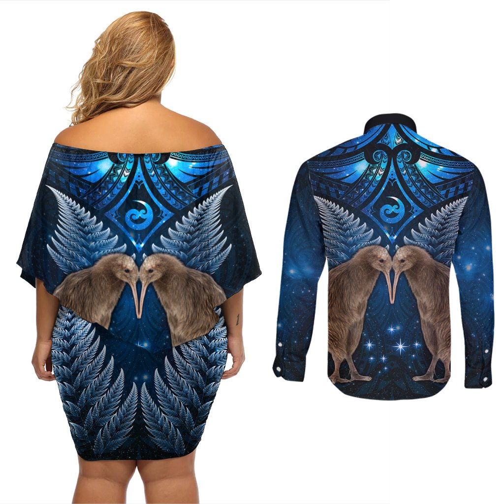 New Zealand Maori Matariki Couples Matching Off Shoulder Short Dress and Long Sleeve Button Shirt Hongi Kiwi Bird and Silver Fern LT03 - Polynesian Pride