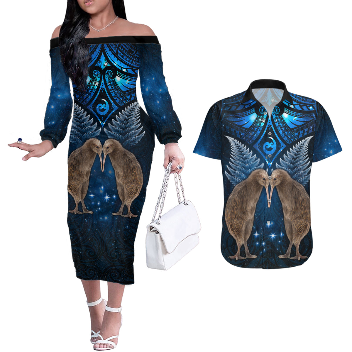 New Zealand Maori Matariki Couples Matching Off The Shoulder Long Sleeve Dress and Hawaiian Shirt Hongi Kiwi Bird and Silver Fern LT03 Blue - Polynesian Pride
