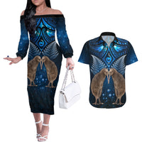 New Zealand Maori Matariki Couples Matching Off The Shoulder Long Sleeve Dress and Hawaiian Shirt Hongi Kiwi Bird and Silver Fern LT03 Blue - Polynesian Pride