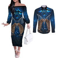 New Zealand Maori Matariki Couples Matching Off The Shoulder Long Sleeve Dress and Long Sleeve Button Shirt Hongi Kiwi Bird and Silver Fern LT03 Blue - Polynesian Pride