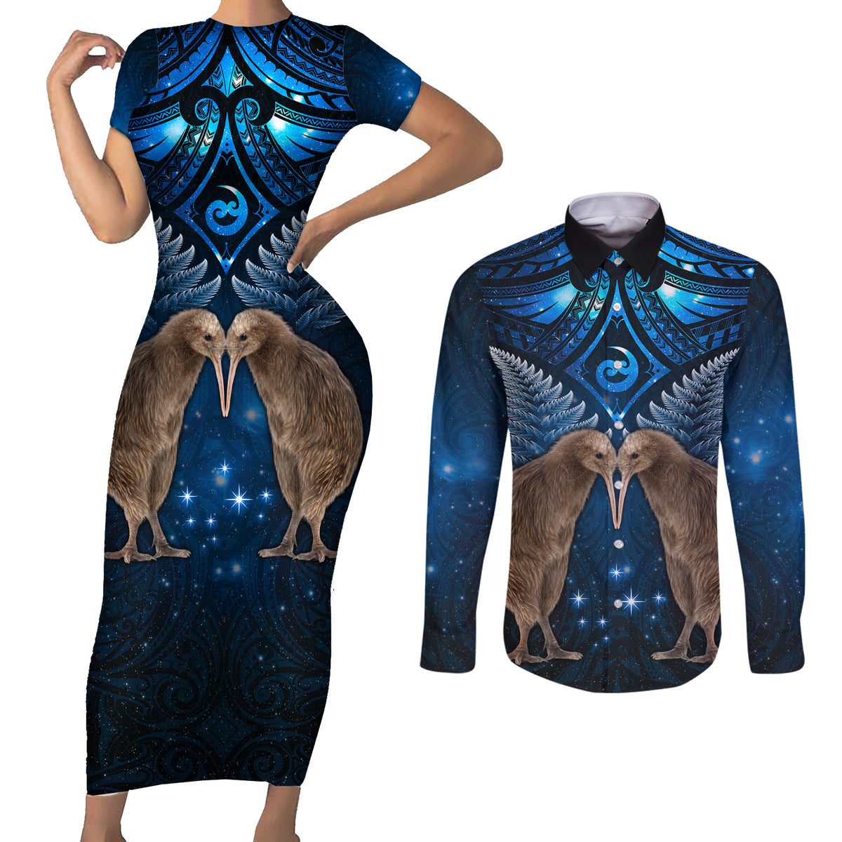 New Zealand Maori Matariki Couples Matching Short Sleeve Bodycon Dress and Long Sleeve Button Shirt Hongi Kiwi Bird and Silver Fern LT03 Blue - Polynesian Pride