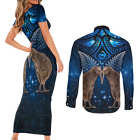 New Zealand Maori Matariki Couples Matching Short Sleeve Bodycon Dress and Long Sleeve Button Shirt Hongi Kiwi Bird and Silver Fern LT03 - Polynesian Pride
