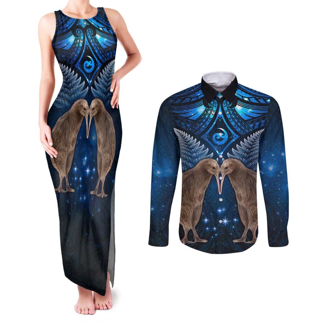 New Zealand Maori Matariki Couples Matching Tank Maxi Dress and Long Sleeve Button Shirt Hongi Kiwi Bird and Silver Fern LT03 Blue - Polynesian Pride