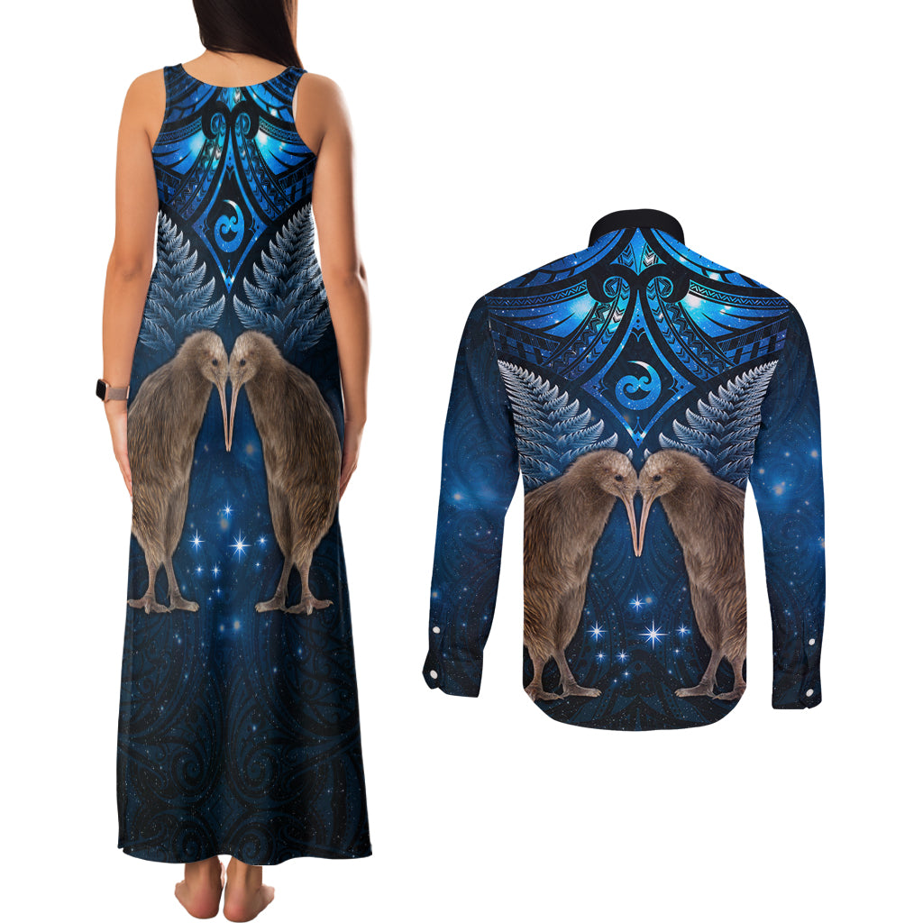 New Zealand Maori Matariki Couples Matching Tank Maxi Dress and Long Sleeve Button Shirt Hongi Kiwi Bird and Silver Fern LT03 - Polynesian Pride