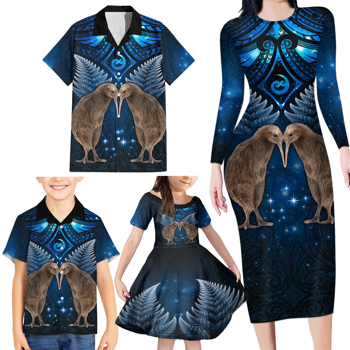 New Zealand Maori Matariki Family Matching Long Sleeve Bodycon Dress and Hawaiian Shirt Hongi Kiwi Bird and Silver Fern LT03 - Polynesian Pride