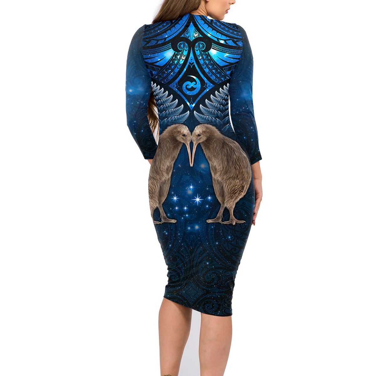 New Zealand Maori Matariki Family Matching Long Sleeve Bodycon Dress and Hawaiian Shirt Hongi Kiwi Bird and Silver Fern LT03 - Polynesian Pride