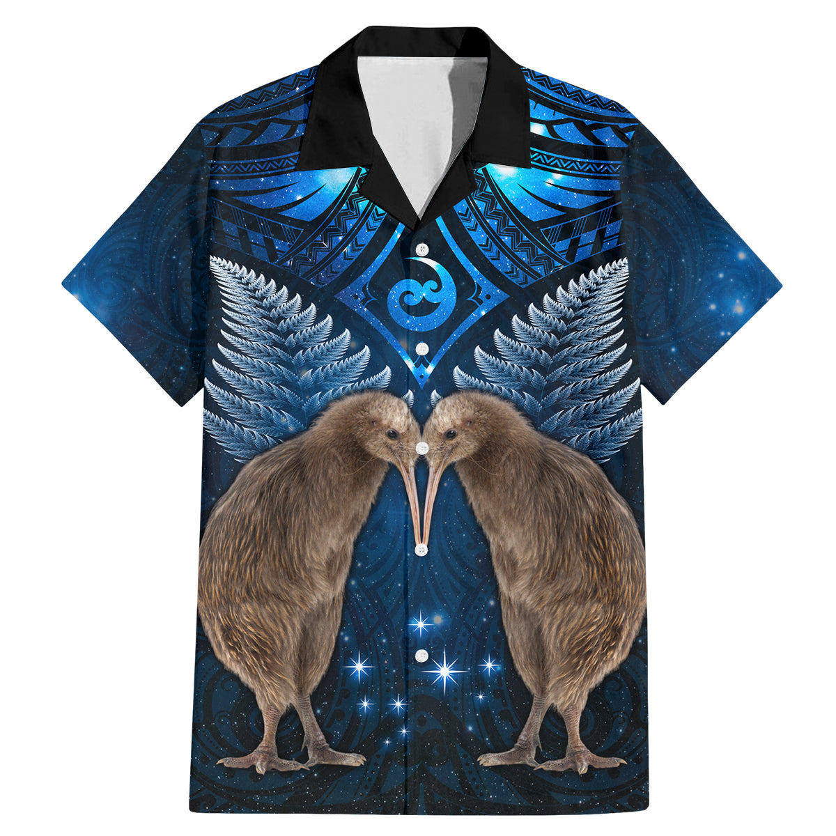 New Zealand Maori Matariki Family Matching Mermaid Dress and Hawaiian Shirt Hongi Kiwi Bird and Silver Fern LT03 Dad's Shirt - Short Sleeve Blue - Polynesian Pride