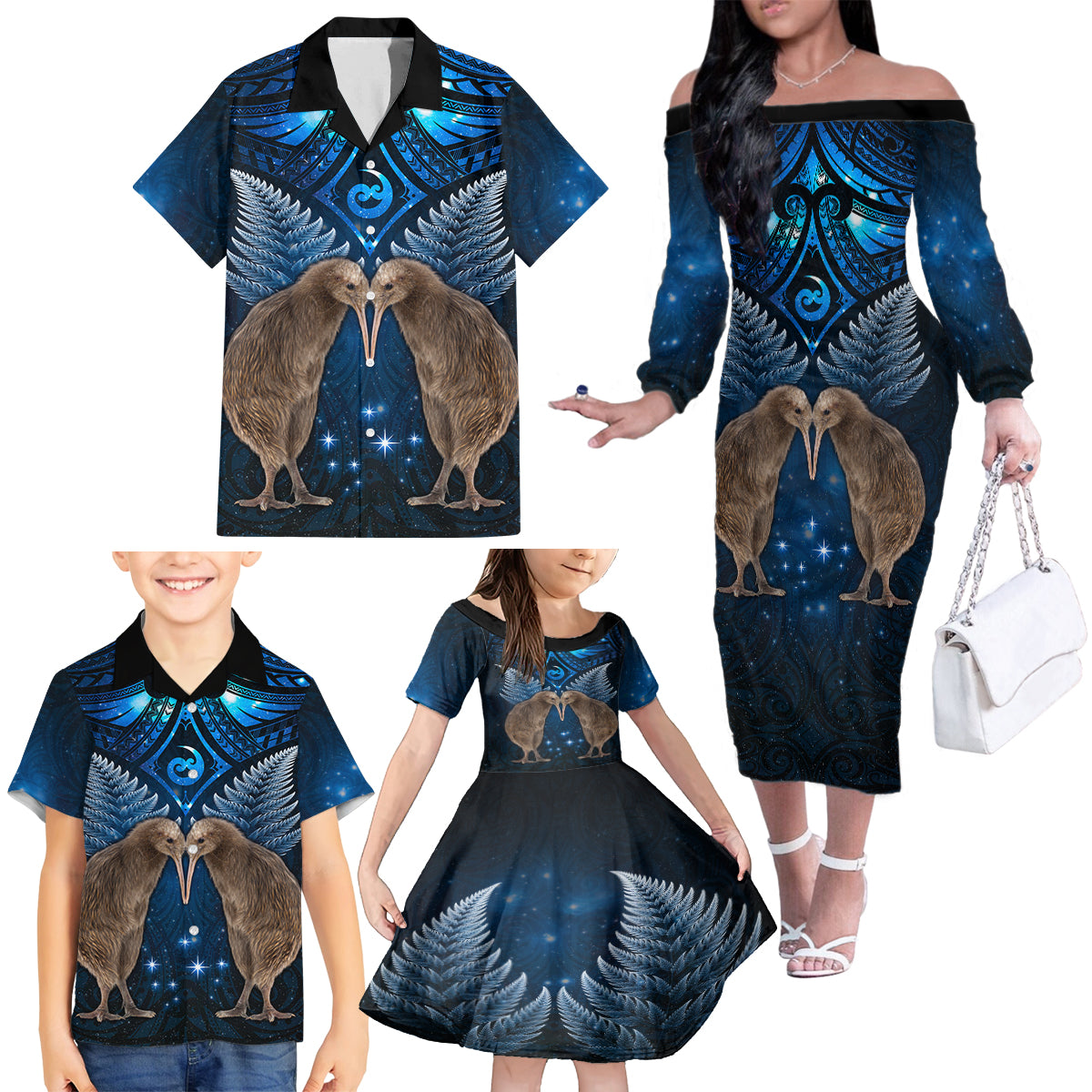 New Zealand Maori Matariki Family Matching Off The Shoulder Long Sleeve Dress and Hawaiian Shirt Hongi Kiwi Bird and Silver Fern LT03 - Polynesian Pride